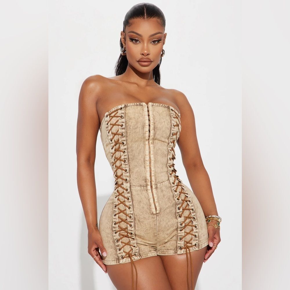 Lace Up Rodeo Romper - Tan
